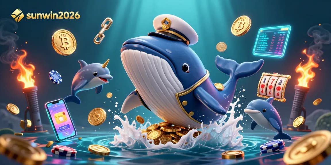 Experience sunwin2026 with a whale breaching through coins, vibrant slot elements, and playful dolphins.