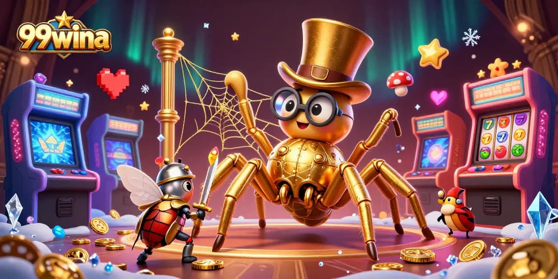 Join 99wina's vibrant casino world filled with a golden tarantula, arcade games, and classic slots.
