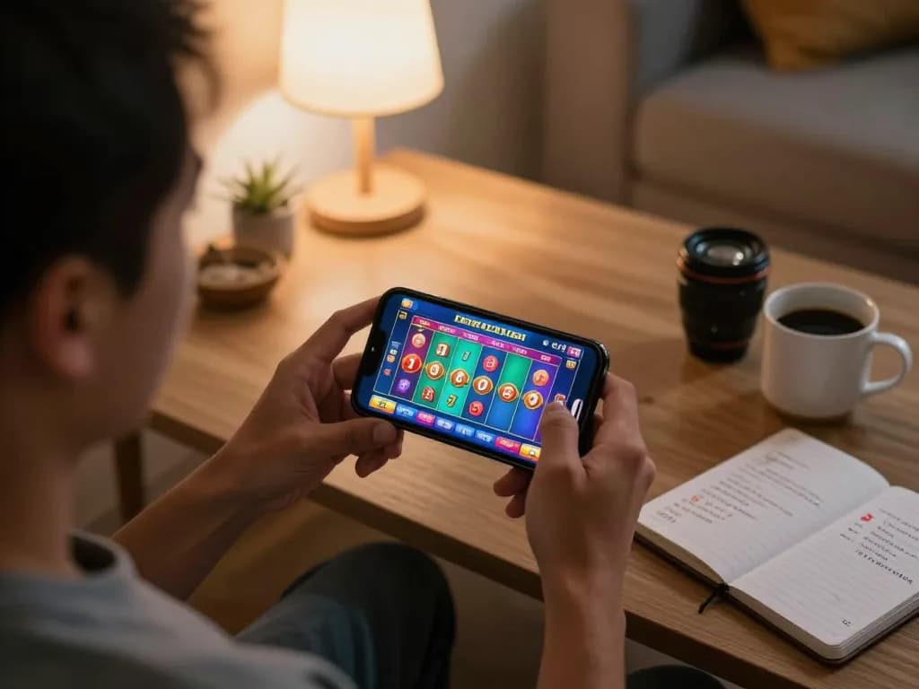 Engaging in đánh lô đề online while using a smartphone in a cozy home setting.