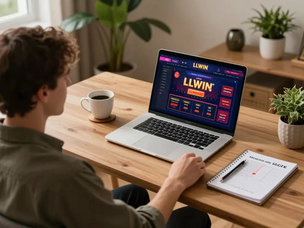 Player strategizing online gaming at LLWIN platform, cozy home atmosphere.