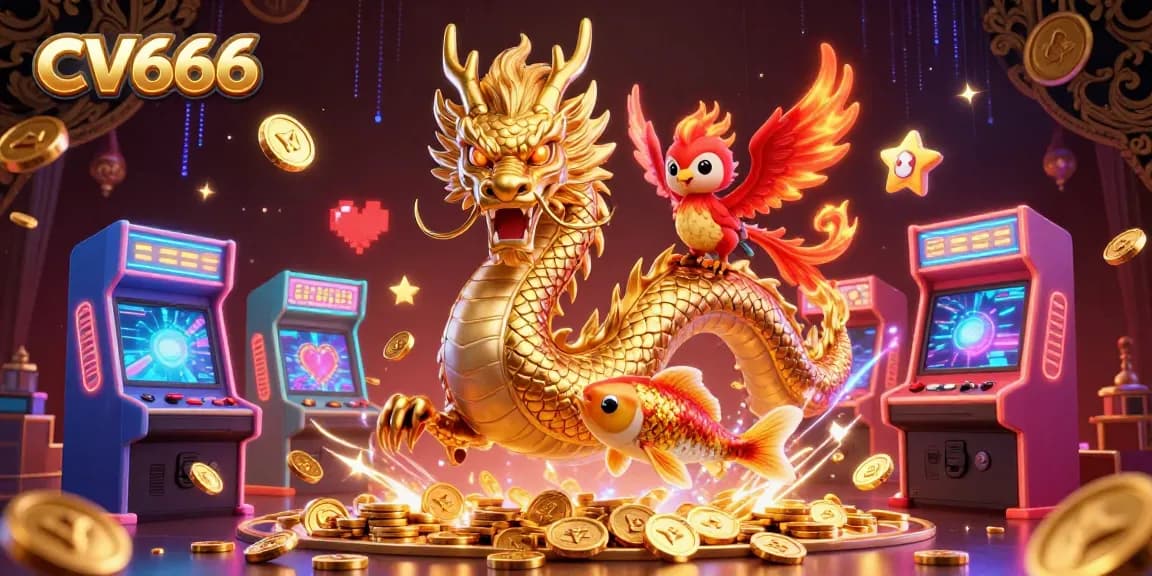 Engage in thrilling gameplay at CV666 with a golden dragon and phoenix amidst vibrant casino elements.