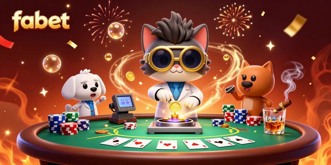 Win big with fabet in this vibrant cartoon scene depicting lively poker action.