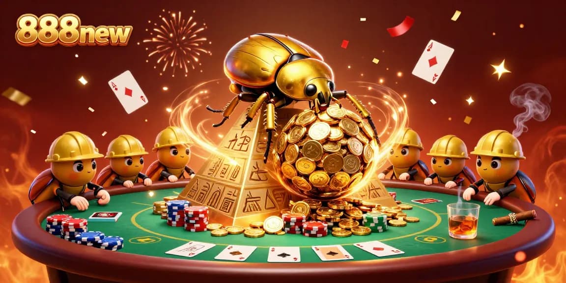 Experience thrilling wins at 888new with a 3D scene of golden beetles and casino elements.