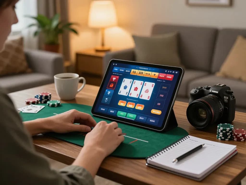 Person playing xx 88 poker game on tablet in cozy living room filled with warm light