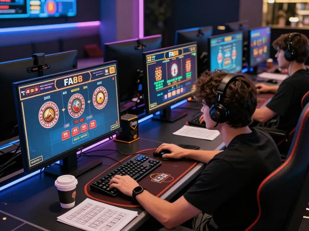 Player engaging with FA88 app on multiple screens during serious online gaming session