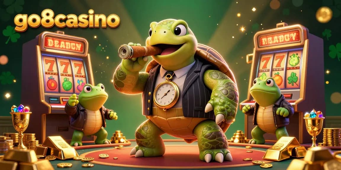 Experience the excitement of go8casino with a vibrant 3D illustration featuring a turtle mobster and casino elements.