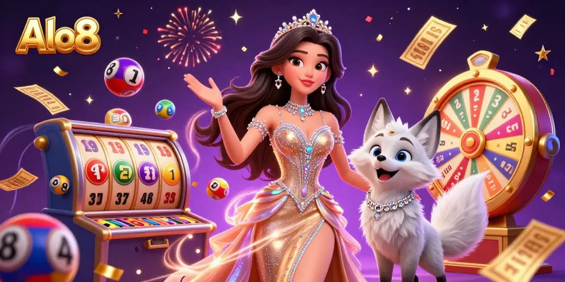 Alo8 creates a vibrant casino atmosphere with lively slot reels and sparkling confetti.