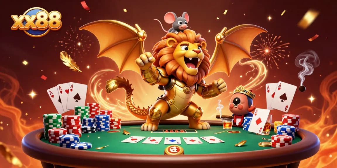 Experience the excitement of xx88 with a roaring chimera and poker action in a vibrant casino setting.