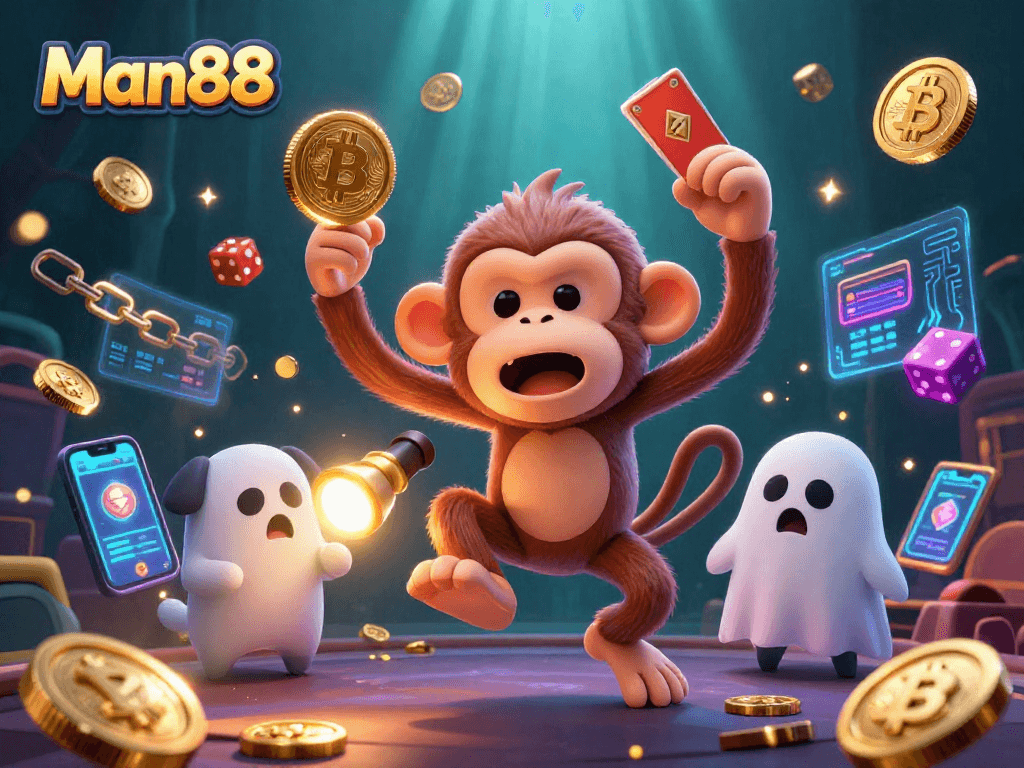 Experience excitement at Man88's haunted casino with a mischievous monkey juggling golden coins.