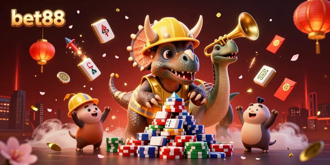 bet88 celebrates with cartoon dinosaur characters building poker chip pyramids.