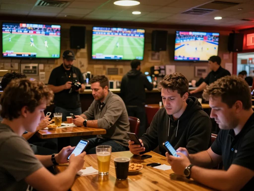 Tỷ lệ kèo displayed on large screens in a busy sports betting bar, patrons engaged in betting discussions.