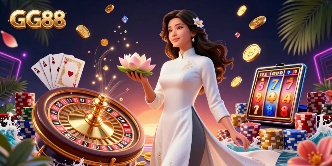 Experience GG88 with engaging casino entertainment featuring elegant Asian woman holding lotus and golden coin.