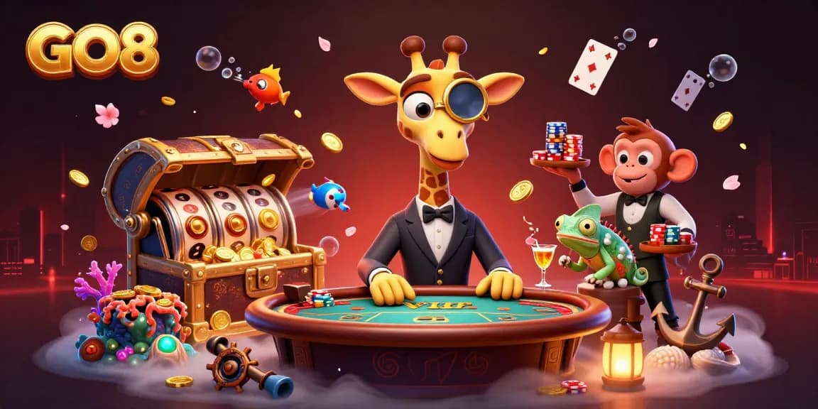 Engage with GO8's exciting 3D casino illustration featuring a giraffe at a poker table amidst vibrant gaming elements.