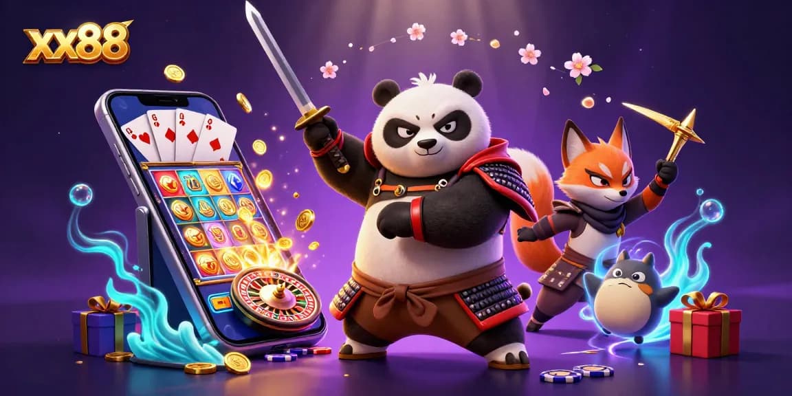 Experience thrilling gameplay at xx88 with a vibrant scene featuring a samurai panda and game elements.