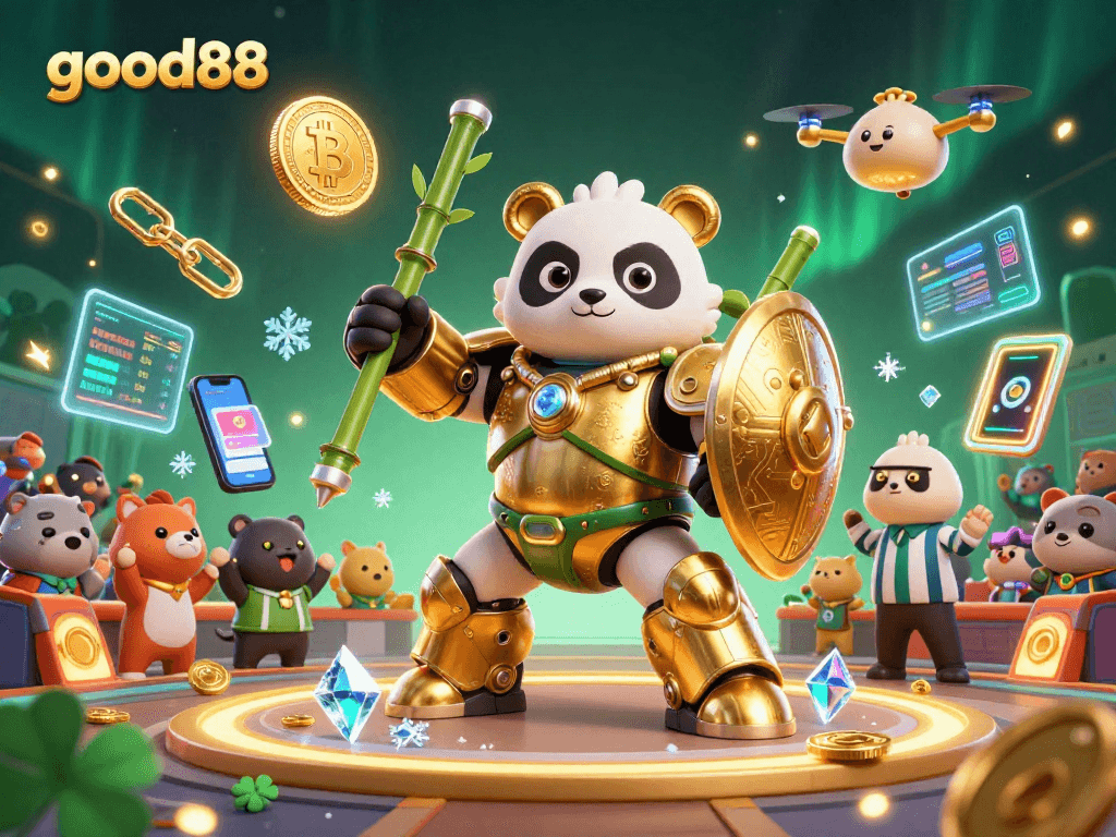 Experience thrilling action with good88 in a vibrant 3D digital casino scene featuring exciting elements.
