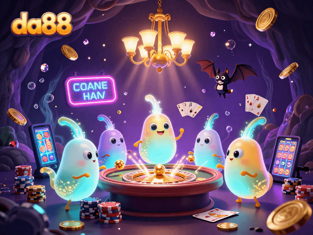 Experience the thrill of gambling at da88 with a colorful cave casino scene featuring glowworms and immersive elements.