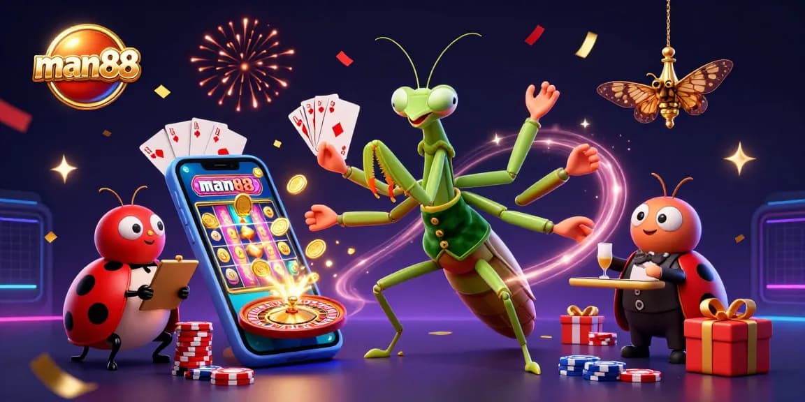 Engage with man88's vibrant casino scene featuring a lively praying mantis card sharp and ladybug pit boss.