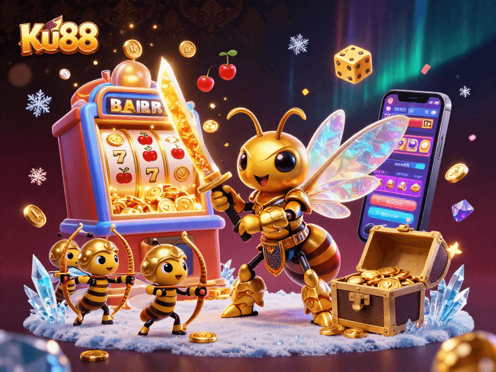 Experience the thrill of Ku88 with a vibrant 3D casino illustration featuring a golden hornet and slot machine.