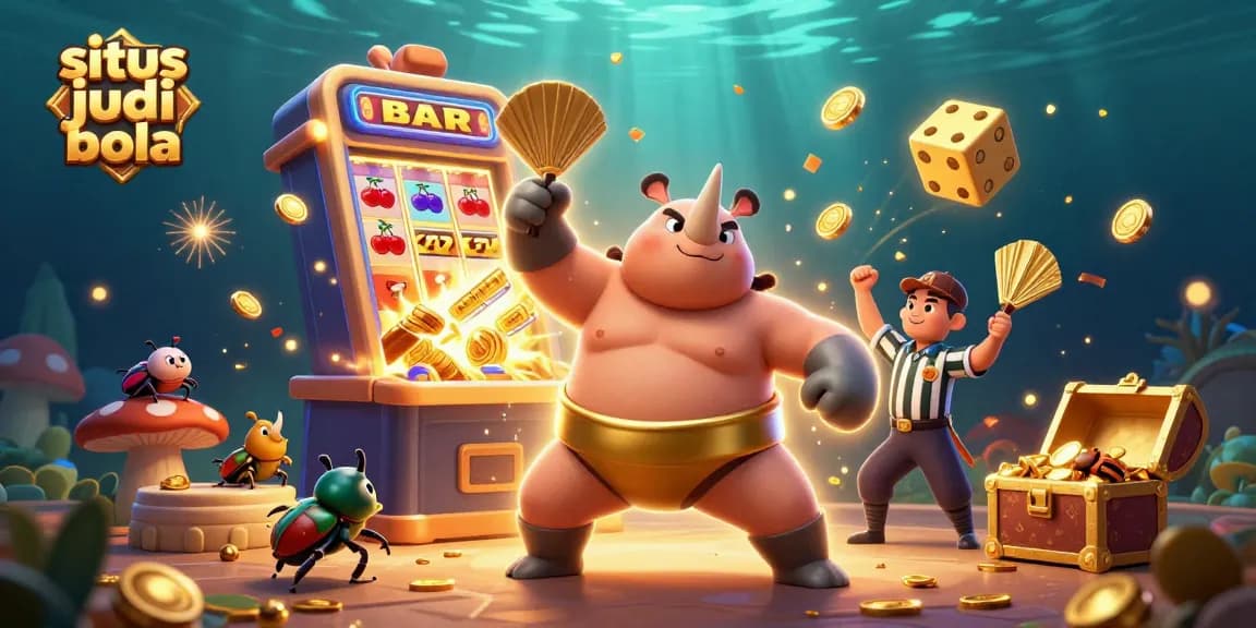 Menggambarkan situs judi bola dengan karakter menarik dan elemen kasino yang penuh warna