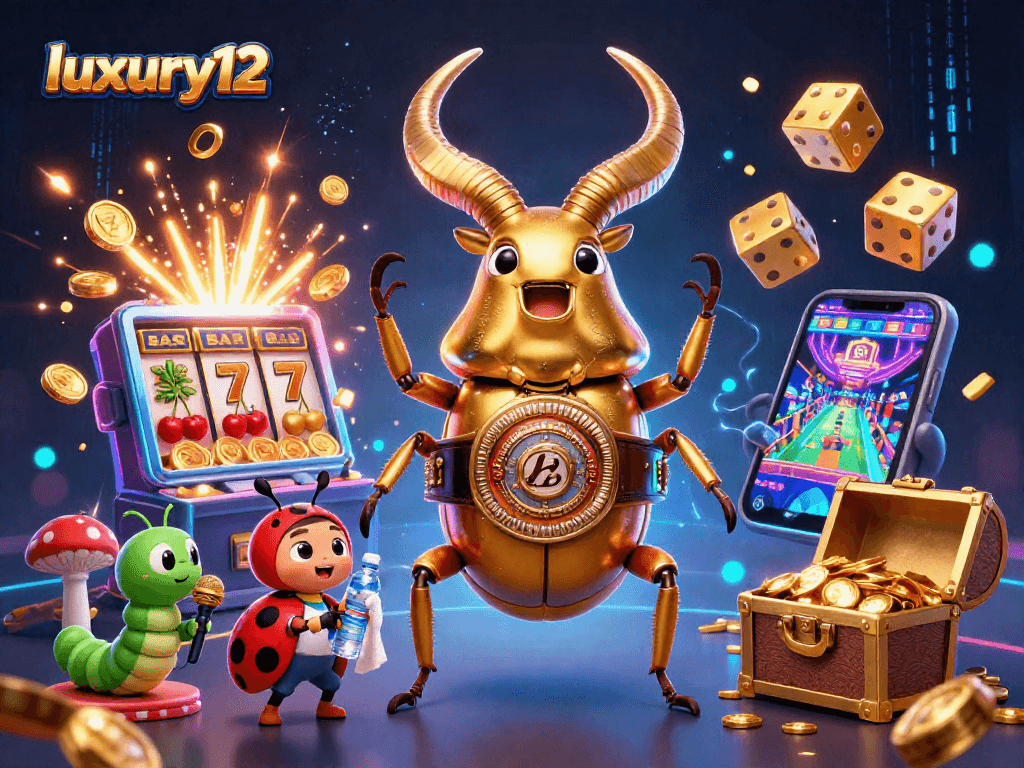 Engage in thrilling gameplay with luxury12's giant stag beetle in a vibrant casino scene