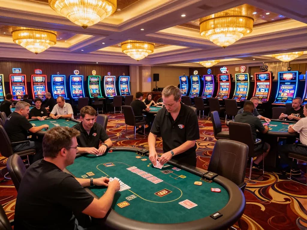 Players engaging in dynamic poker gameplay at O8's lively casino floor, showcasing strategic betting.