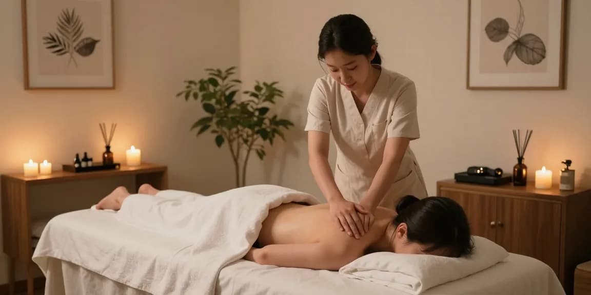 Relaxing massage therapy room set for 시흥출장마사지, featuring tranquil decor and soothing ambiance.