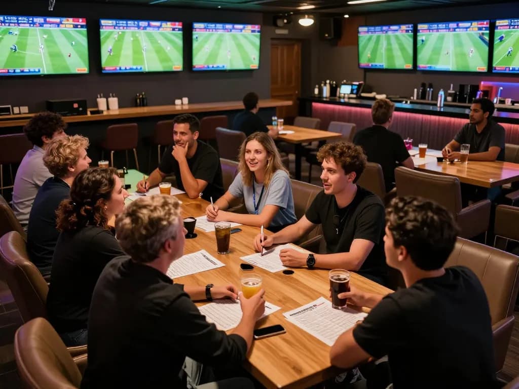 Engaged fans place bets in a lively sports betting lounge featuring tỷ lệ kèo nhà cái displayed on screens.