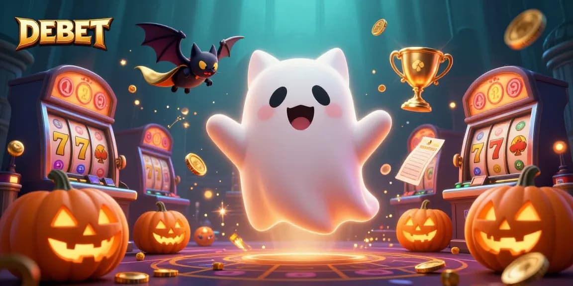 Experience thrilling DEBET action in a haunted casino scene with ghostly characters and dynamic elements.