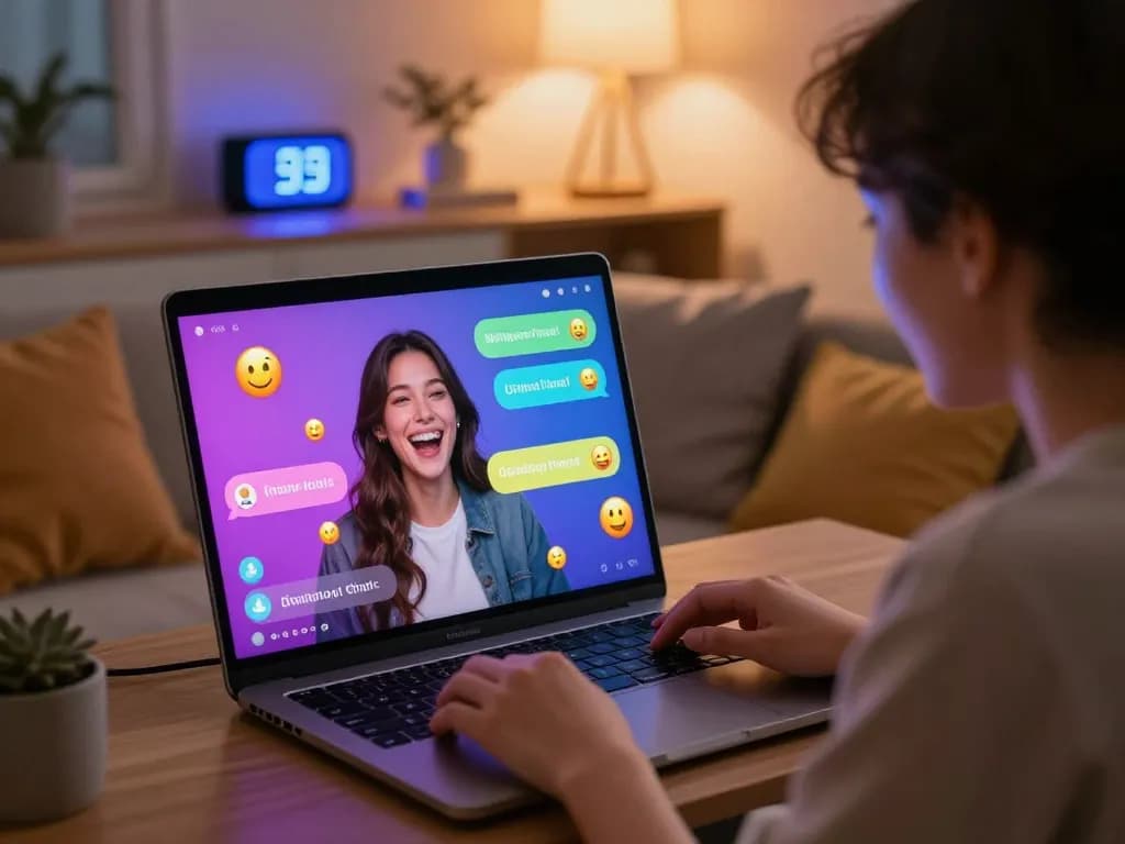 Engaging ai porn chat experience with user and AI character interaction in a cozy setting.