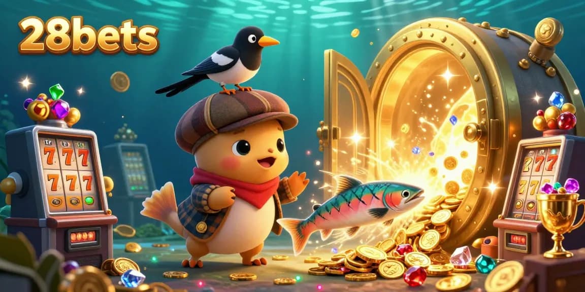 Experience thrilling games with 28bets, featuring dynamic cartoon characters and vibrant slot elements.