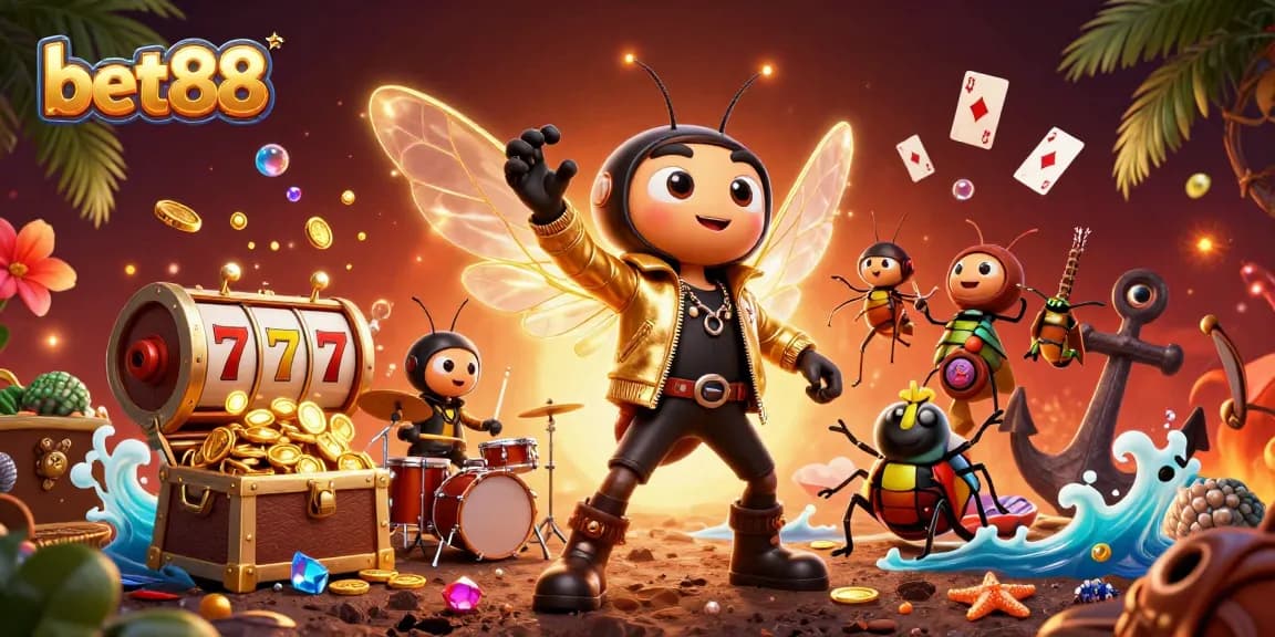 Experience the excitement of bet88 with a vibrant scene featuring a cicada rock star and dynamic game elements.