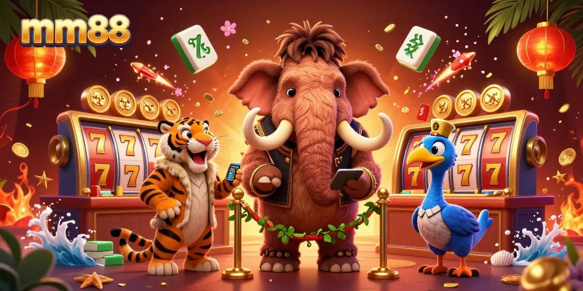 Experience thrilling gaming excitement at mm88 with a woolly mammoth bouncer checking IDs amidst slot reels and golden decorations