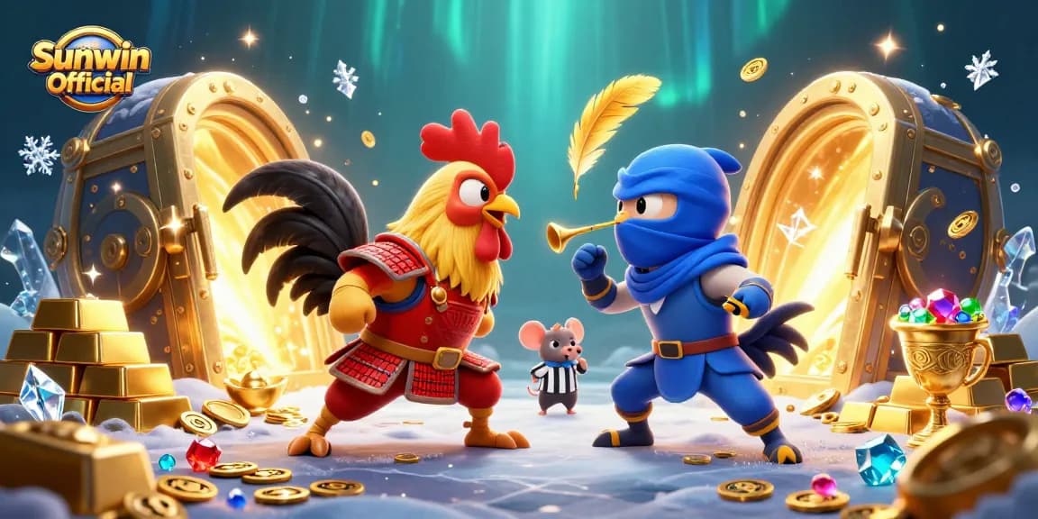 Engage in thrilling games with Sunwin Official as colorful roosters face off amid treasures.
