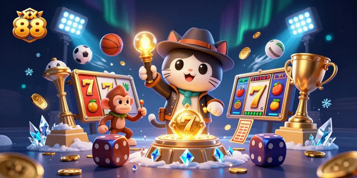 Experience thrilling gaming at xx 88 where a cat explorer discovers casino treasures amidst dynamic sports and slot elements.