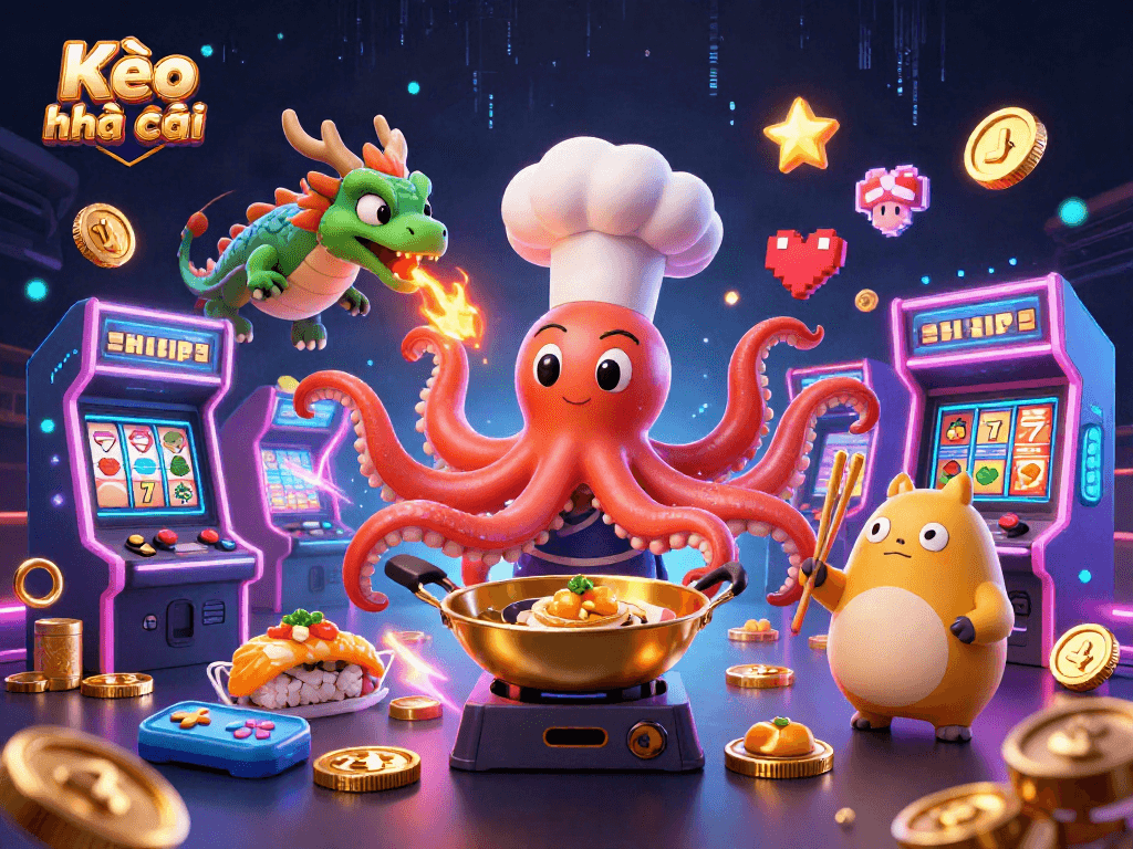 Kèo nhà cái illustration featuring a sushi chef octopus and a tanuki customer enjoying casino-themed elements