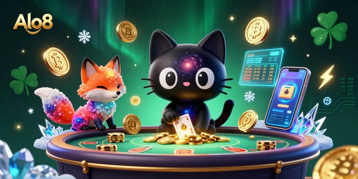 Alo8 attracts players with a vibrant cosmic casino scene featuring a black hole cat and a nebula fox.
