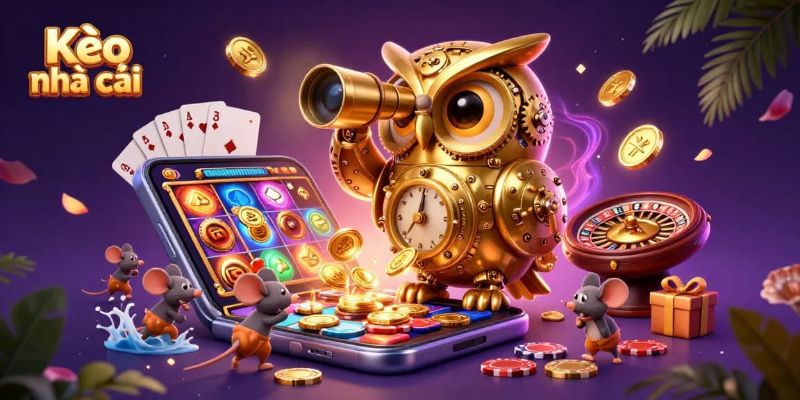 Engage with Kèo nhà cái through thrilling casino gameplay featuring a golden owl and charming wind-up mice.