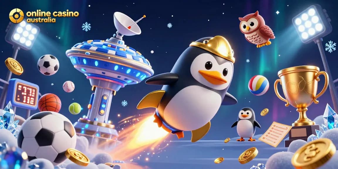 Experience the vibrant world of online casino Australia through a 3D cartoon scene featuring a rocket-powered penguin and casino elements.