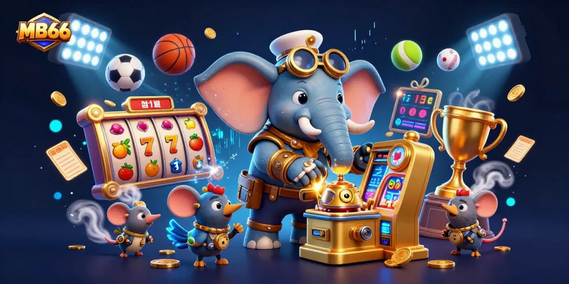Experience the excitement of MB66 with a steampunk elephant operating a golden slot machine, surrounded by dynamic gaming elements.