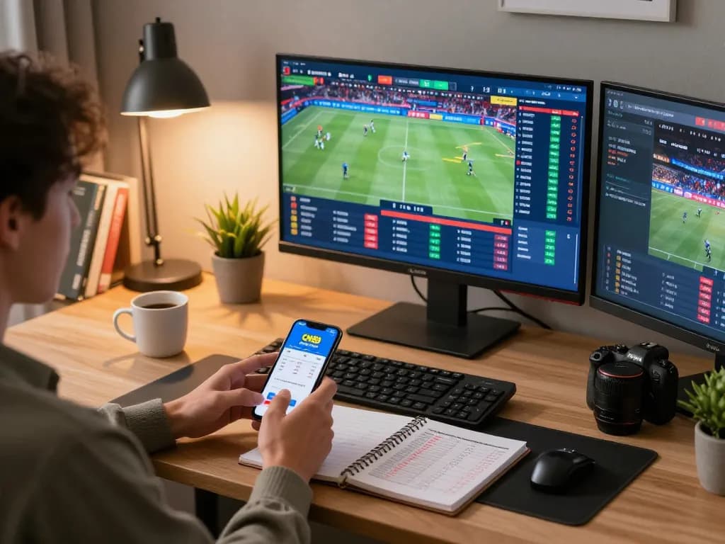 Engaging with the CM88 sports betting app on a mobile phone surrounded by strategies and screens.