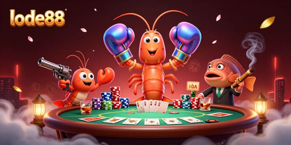 Lode88 showcases a dynamic poker scene with animated shrimp characters and vibrant casino elements.
