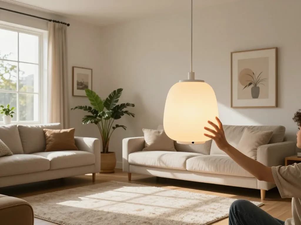Sala de estar moderna con Lámparas colgantes con regulador integrado, mostrando brillo ajustable y diseño elegante.