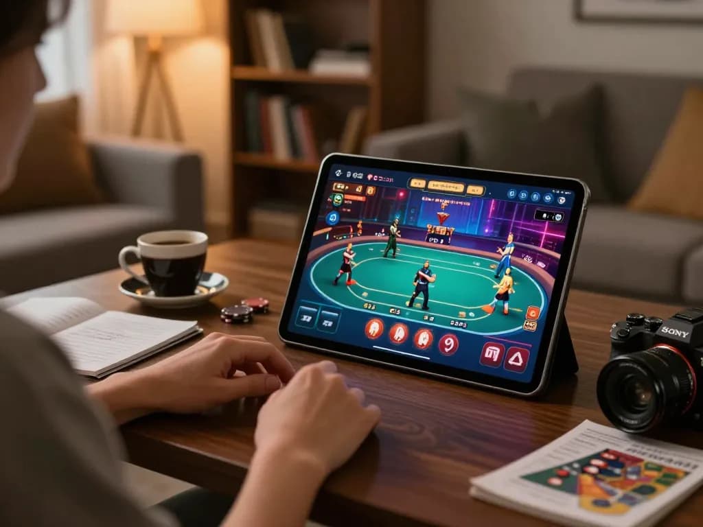 Engaging with nhà cái 88bet on a tablet, showcasing vibrant poker gameplay.