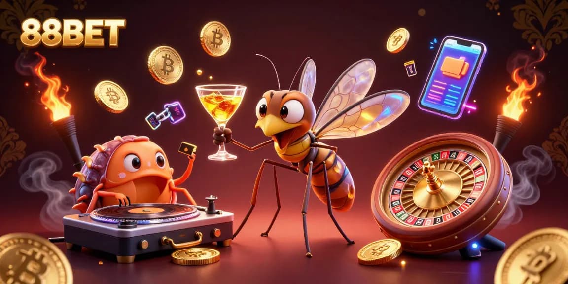 Enjoy thrilling moments at 88BET with a lively casino mascot and exciting gaming visuals.