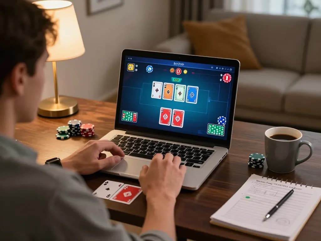 Player experiencing RR88 online poker game with strategic notes and warm lighting.