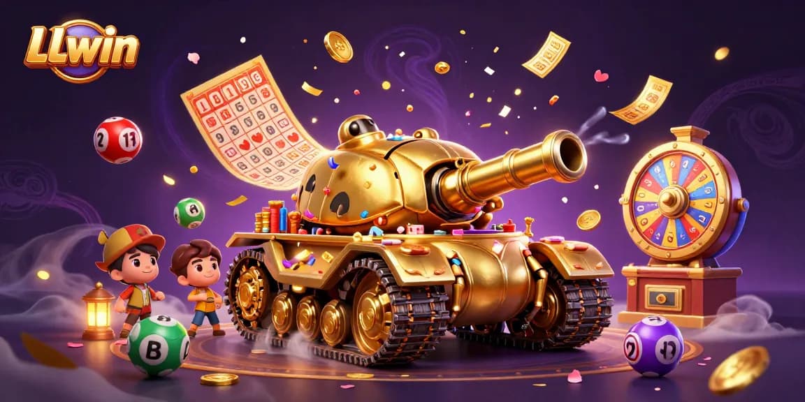 LLwin's vibrant casino-themed digital illustration featuring an imaginative golden beetle tank and colorful lottery elements.