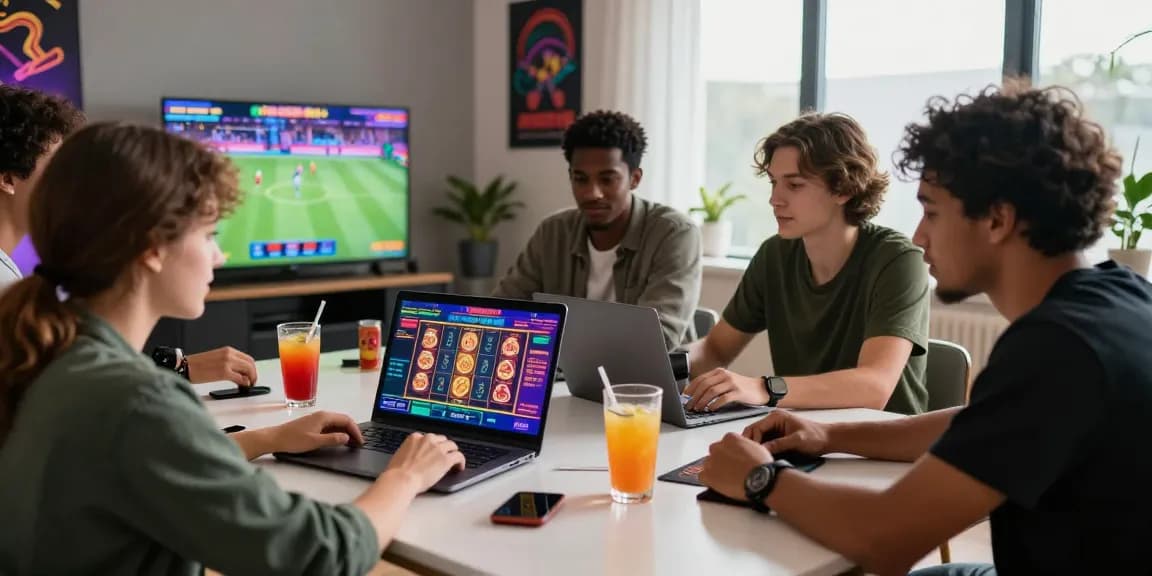 Diverse friends enjoying an online gaming session on https://xx88.se.net/, with vibrant game interfaces, cozy atmosphere, and drinks in hand.