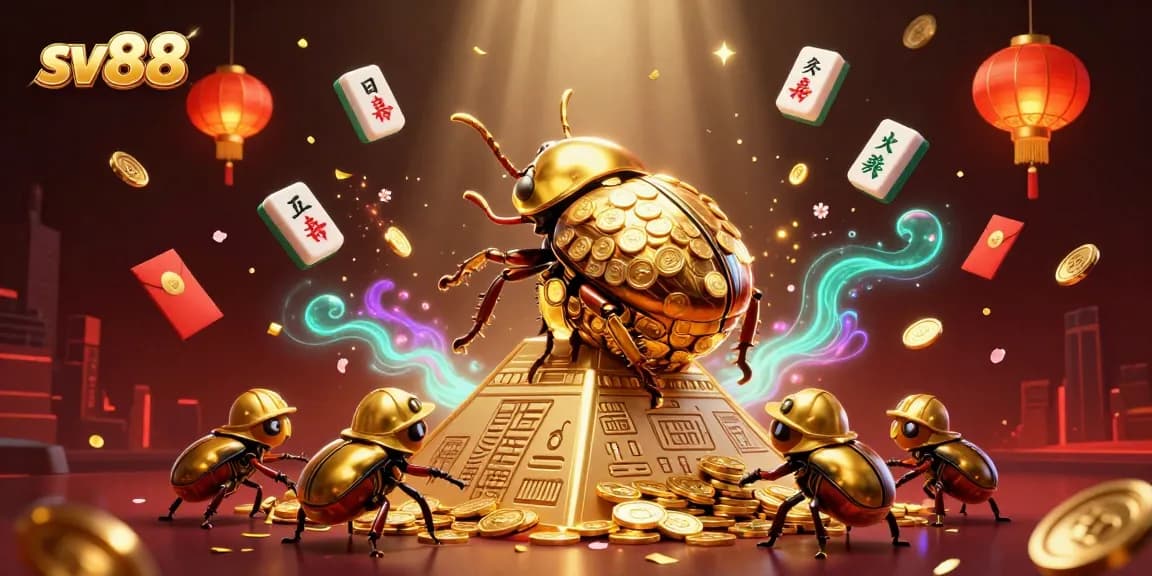 Experience sv88 casino excitement with a golden beetle theme, surrounded by vibrant gaming elements.