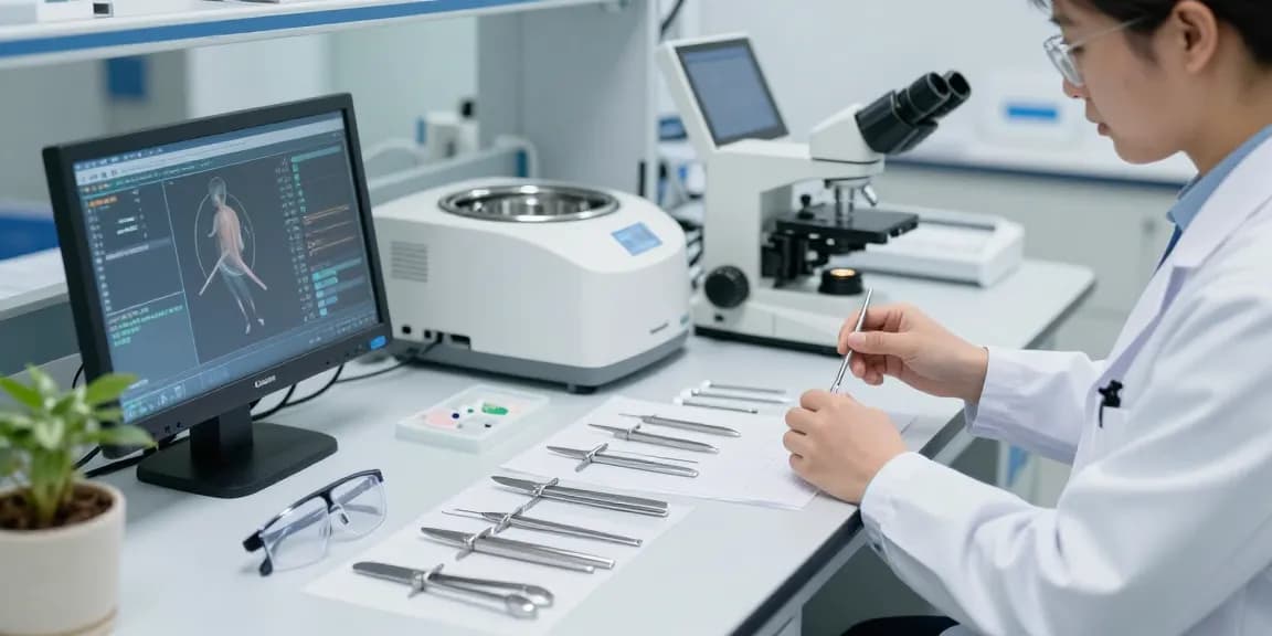 Healthcare professional examining medical instruments in a modern laboratory setting.