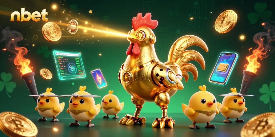 Engage with nbet's captivating golden rooster robot in an animated gambling scene.